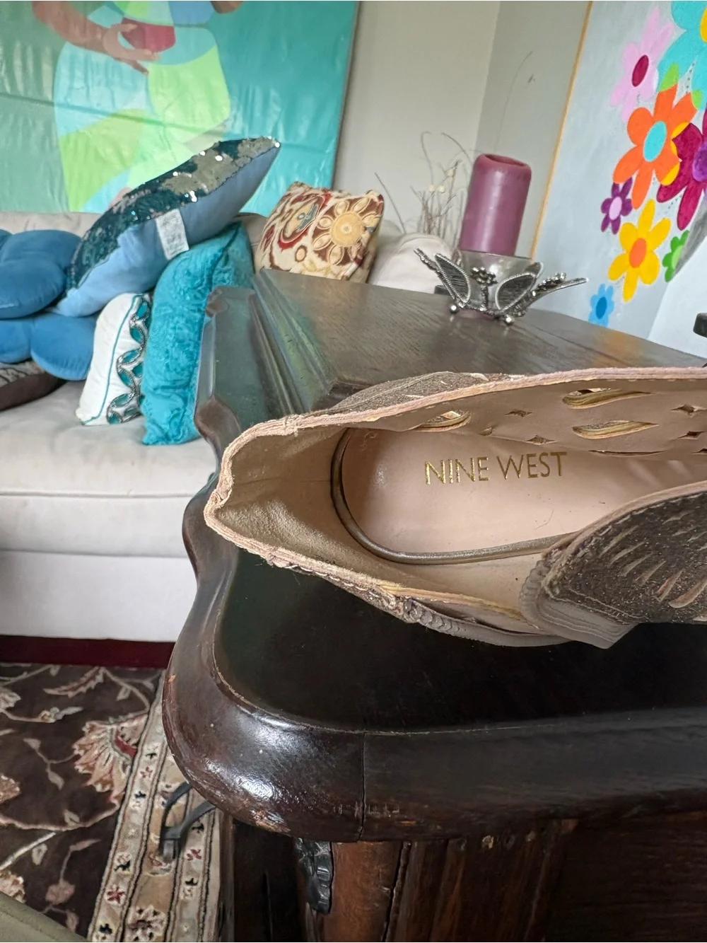 Nine West Glitter Cutout Peep-Toe Ankle Booties in Rose Gold Glitter